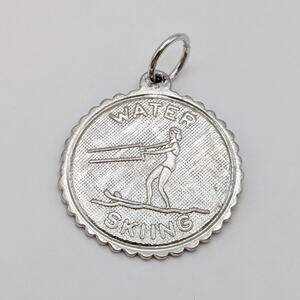 Vintage 60s Elco Sterling Silver Water Skiing Sport Scallop Charm Round Pendant